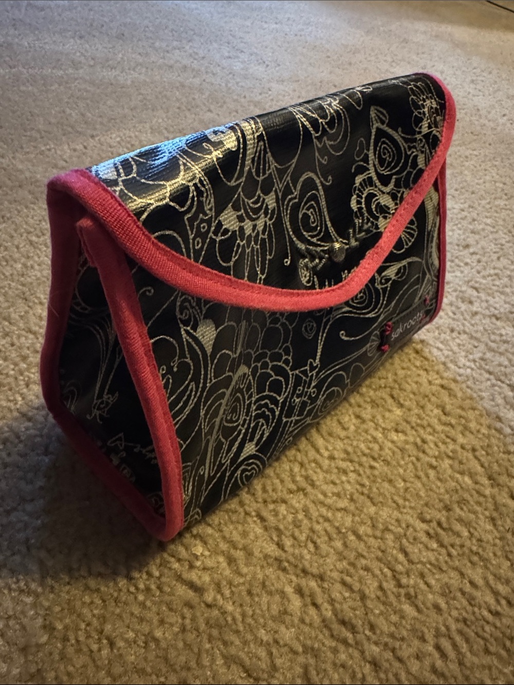 Sakroots Black Floral Travel Pouch with Pink Trim